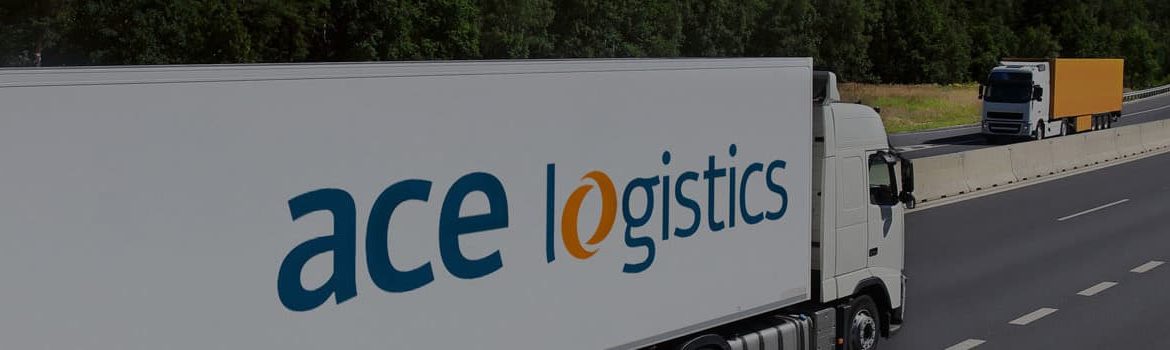 Header image for ACE road transport. Truck with ACE logo on a road.