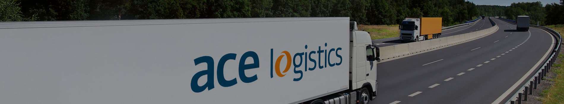 Header image for ACE road transport. Truck with ACE logo on a road.